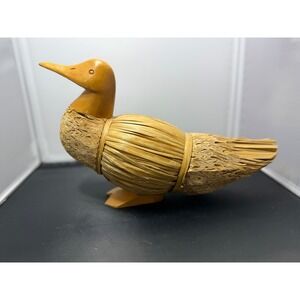 Handcrafted Duck rustic Figurine Straw Wood Carved‎ Folk Art Decor 8" tall